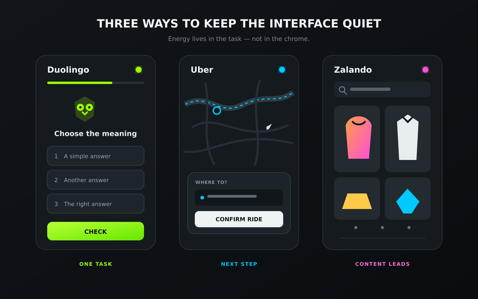 Three-part comparison showing a Duolingo lesson screen, the Uber home screen, and a Zalando product grid