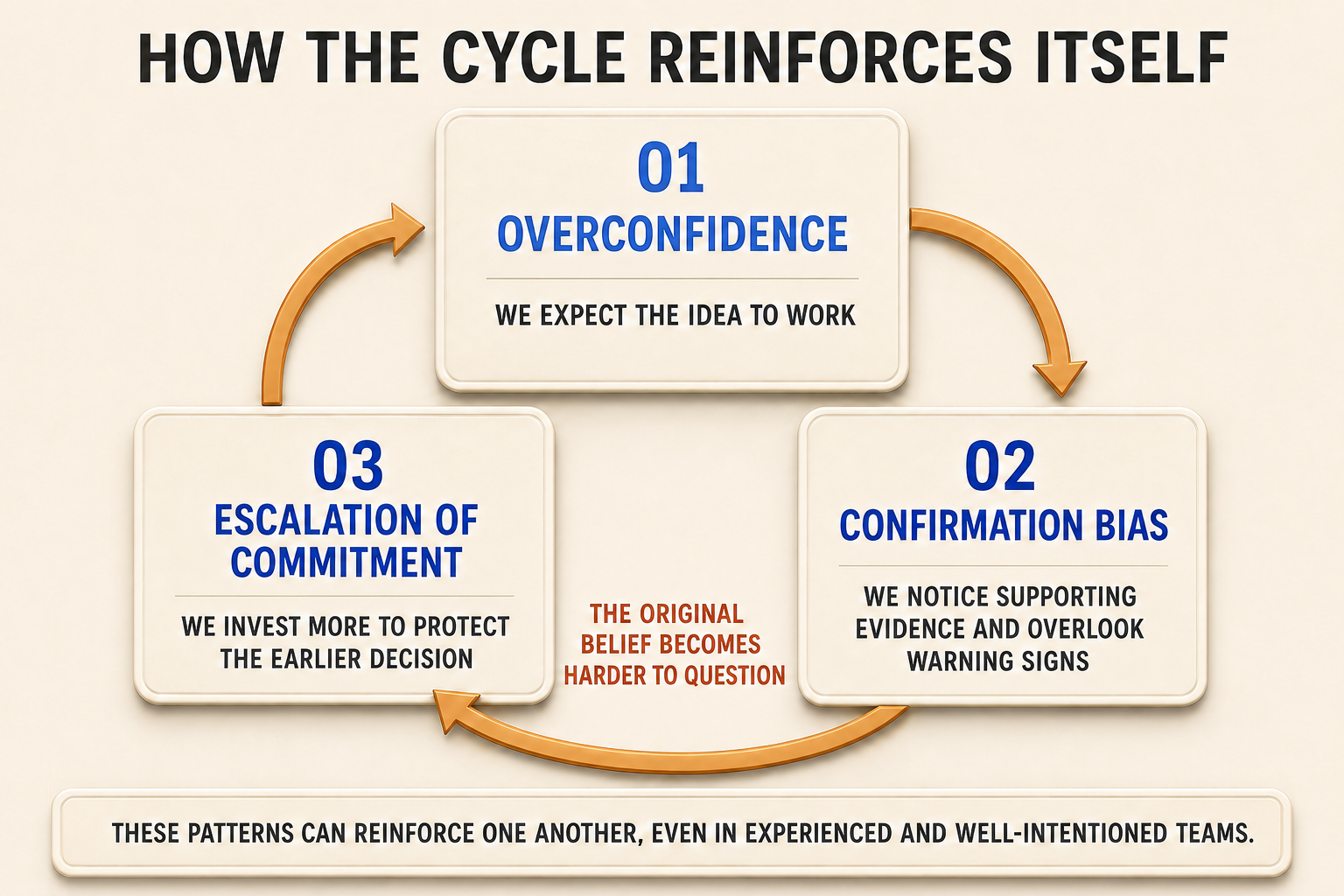 Three-step flow diagram showing an overconfident forecast, confirmation bias making warning signs less visible, and escalation of commitment leading to further investment